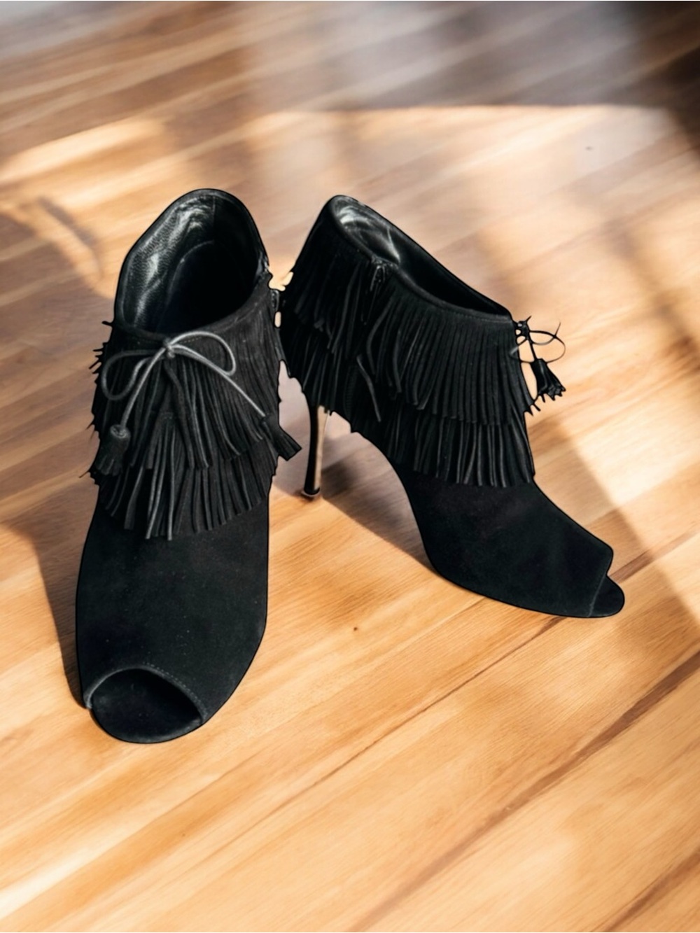 Manolo Blahnik Open Toe Heels Booties Black Suede Fringe